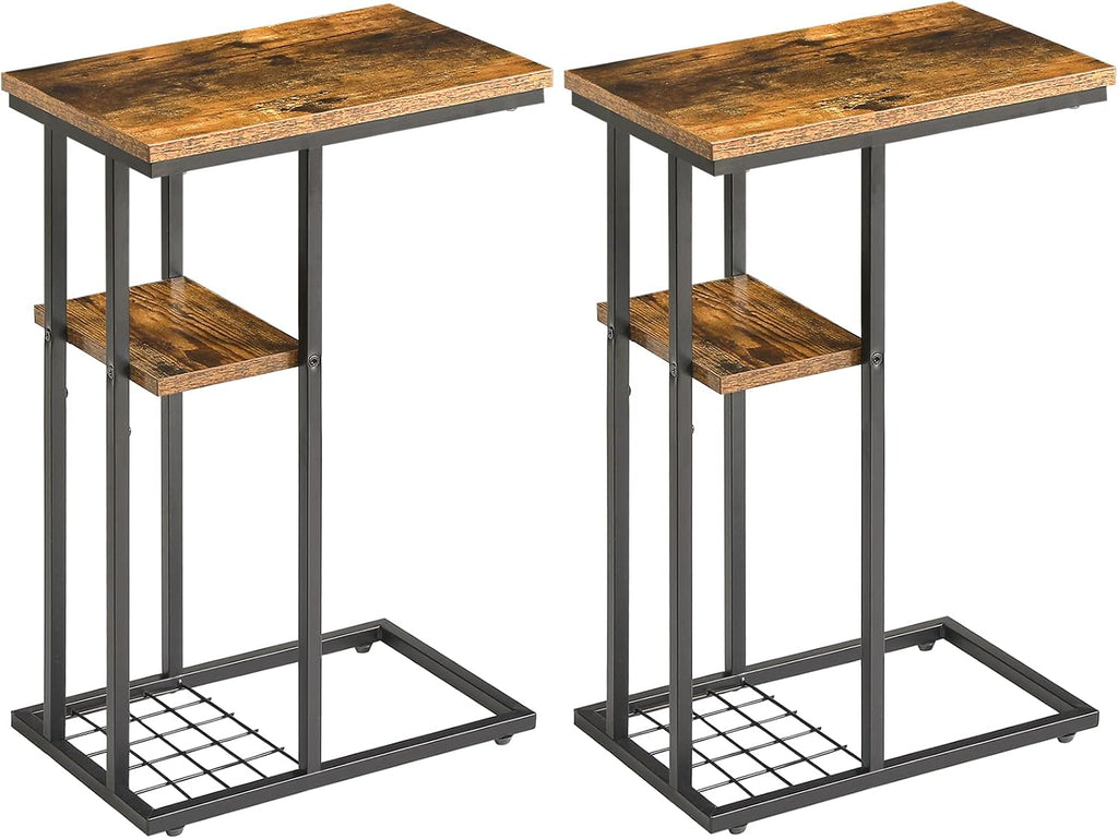 C-Shaped End Table Set of 2, Side Table for Sofa and Bed, Coffee Table for Small Spaces, Living Room, Bedroom, Industrial Small Table with Storage Shelf and Metal Frame, Rustic Brown, HST004H-2