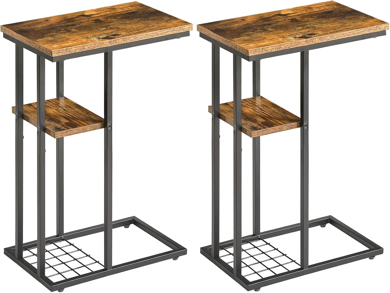 C-Shaped End Table Set of 2, Side Table for Sofa and Bed, Coffee Table for Small Spaces, Living Room, Bedroom, Industrial Small Table with Storage Shelf and Metal Frame, Rustic Brown, HST004H-2
