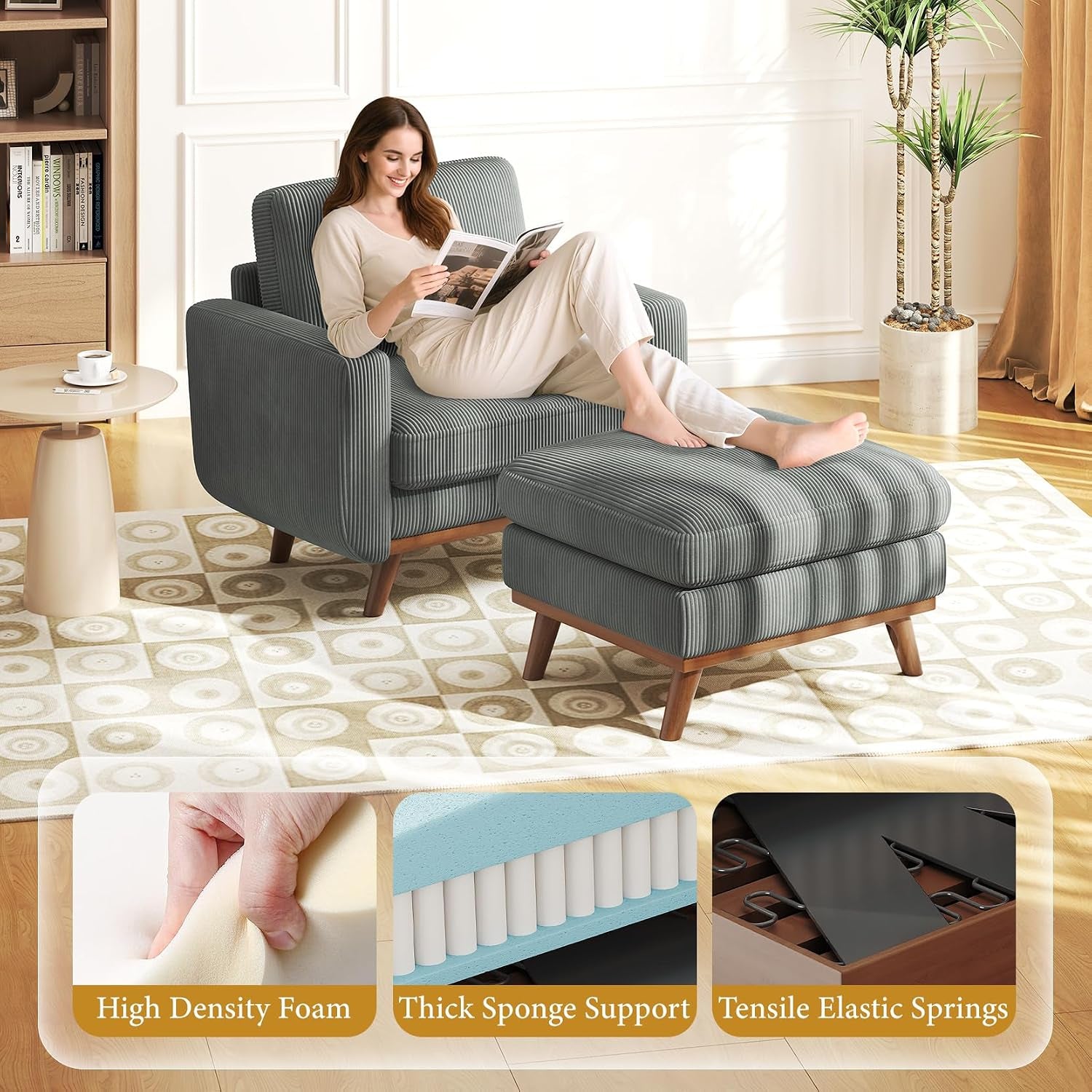 Accent Chair with Movable Ottoman, Comfy Corduroy Armchair with Spring Cushion, Reading Chair with Ottoman, Modern Single Sofa for Living Room, Bedroom and Apartment, Dark Grey