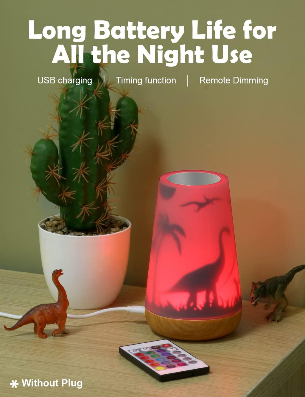 Dinosaur Night Light Kids, Touch Remote Control 16 Colors | USB Rechargeable Bedside Lamp, Timer, Girls Baby Kids Bedroom Décor, Cute Birthday Gift Girls Boys