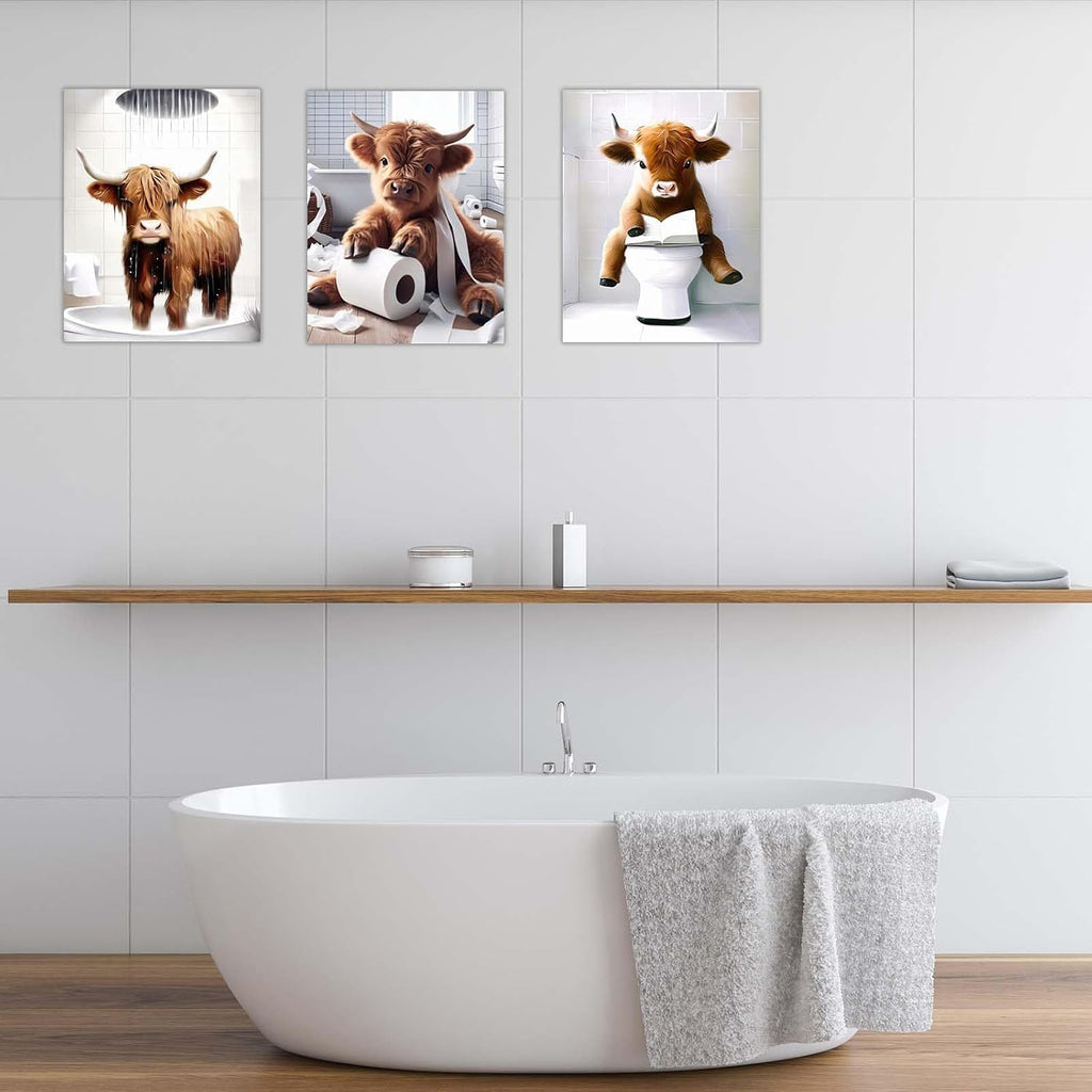 Highland Cow Bathroom Wall Art Set of 3 – Framed Canvas Pictures with Hooks, Funny Animal Artwork for Bathroom Decor, Wall Art for Bedroom or Toilet, 12X16 Inch Each