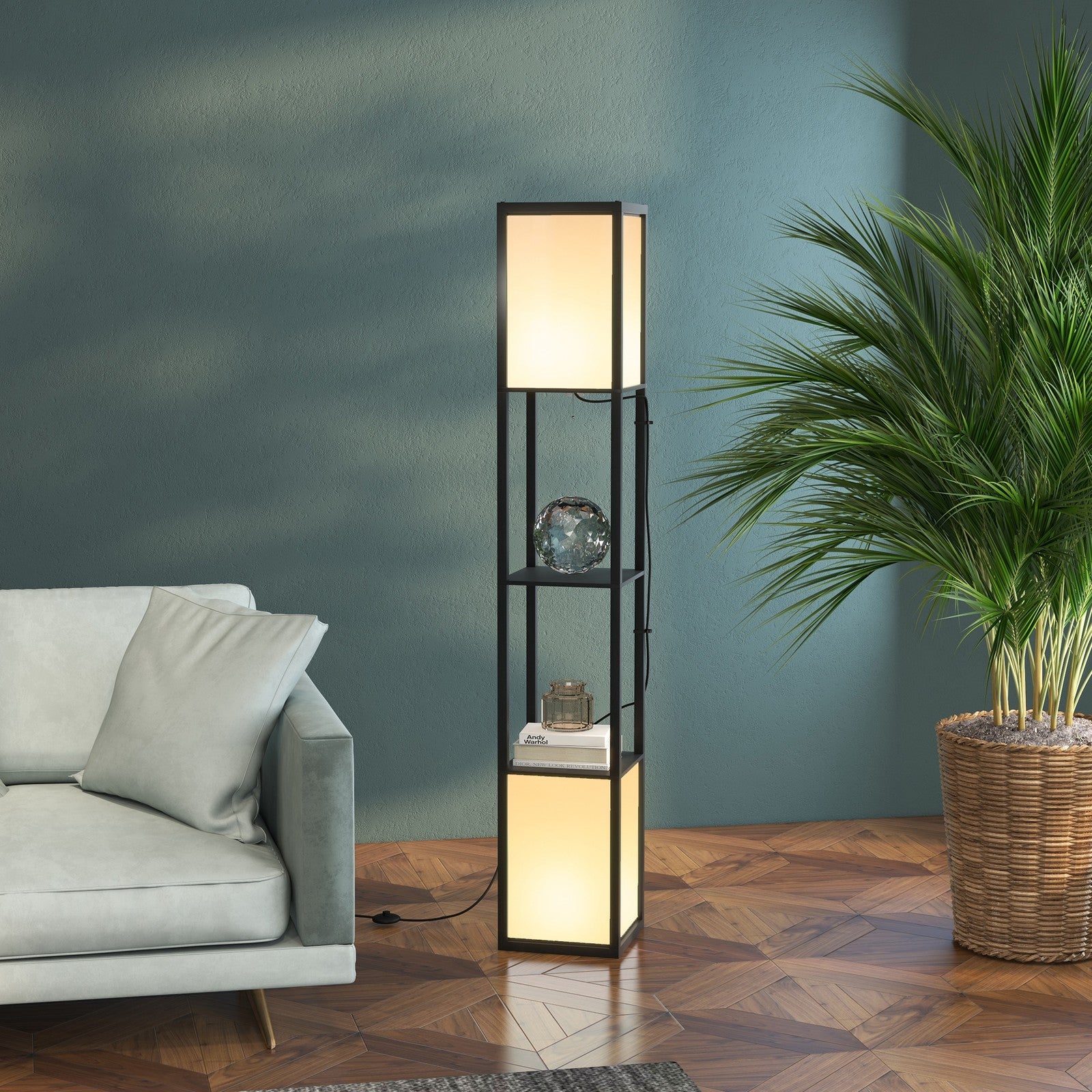 HOMCOM Shelf Floor Lamp with Dual Light, for Living Room, Bedroom, Black