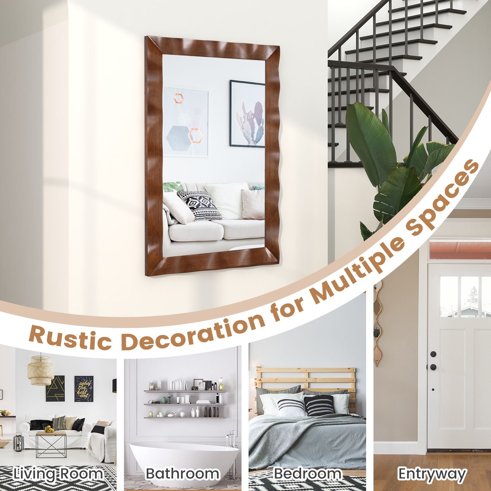Farmhouse Wall Mirror Rubber Wood Rustic Style Wall Mirror