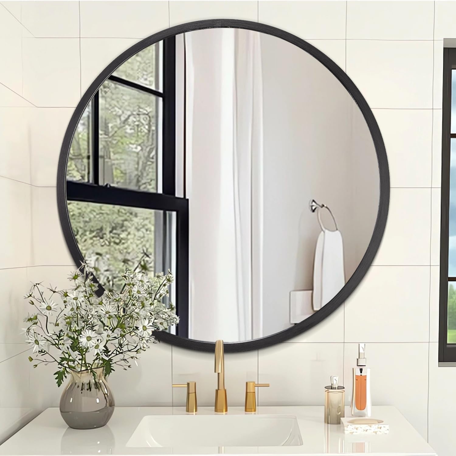 Black round Mirror for Wall Small for Bathroom Entryway Living Room Hallway Metal Framed Tempered Glass for Bedroom Entry Dining