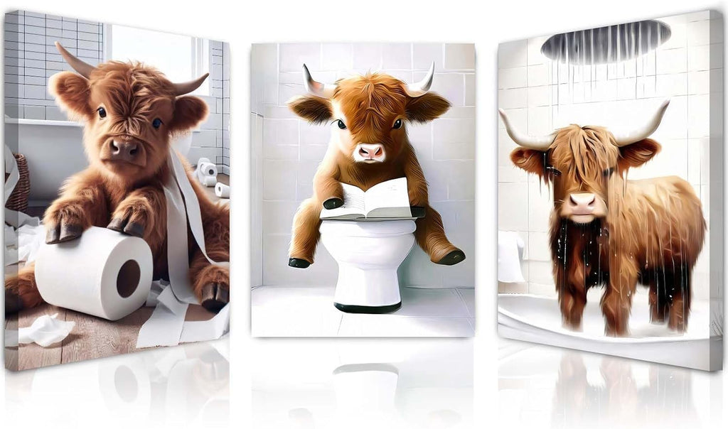 Highland Cow Bathroom Wall Art Set of 3 – Framed Canvas Pictures with Hooks, Funny Animal Artwork for Bathroom Decor, Wall Art for Bedroom or Toilet, 12X16 Inch Each
