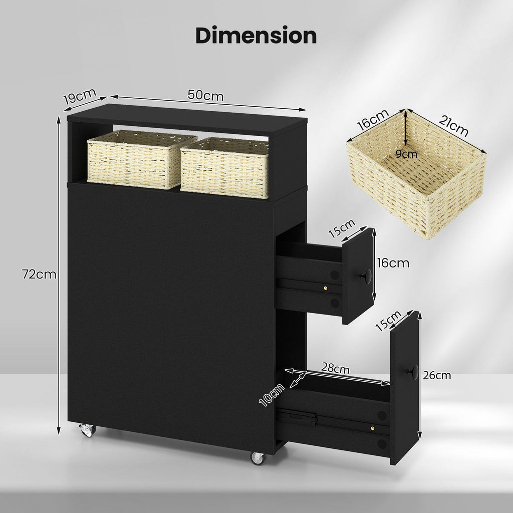 Slim Bathroom Storage Cabinet Movable with 2 Drawers and Baskets
