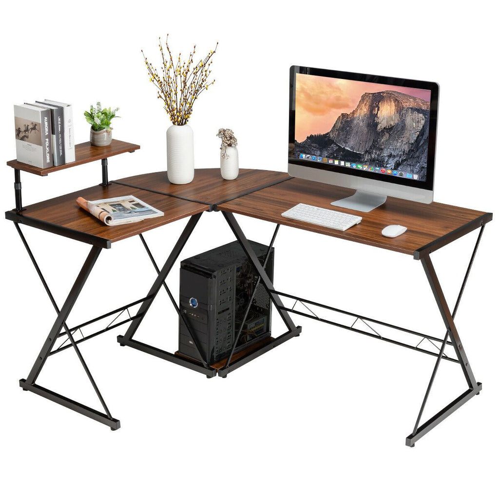L-Shaped Corner Computer Desk with Monitor Stand and Host Tray