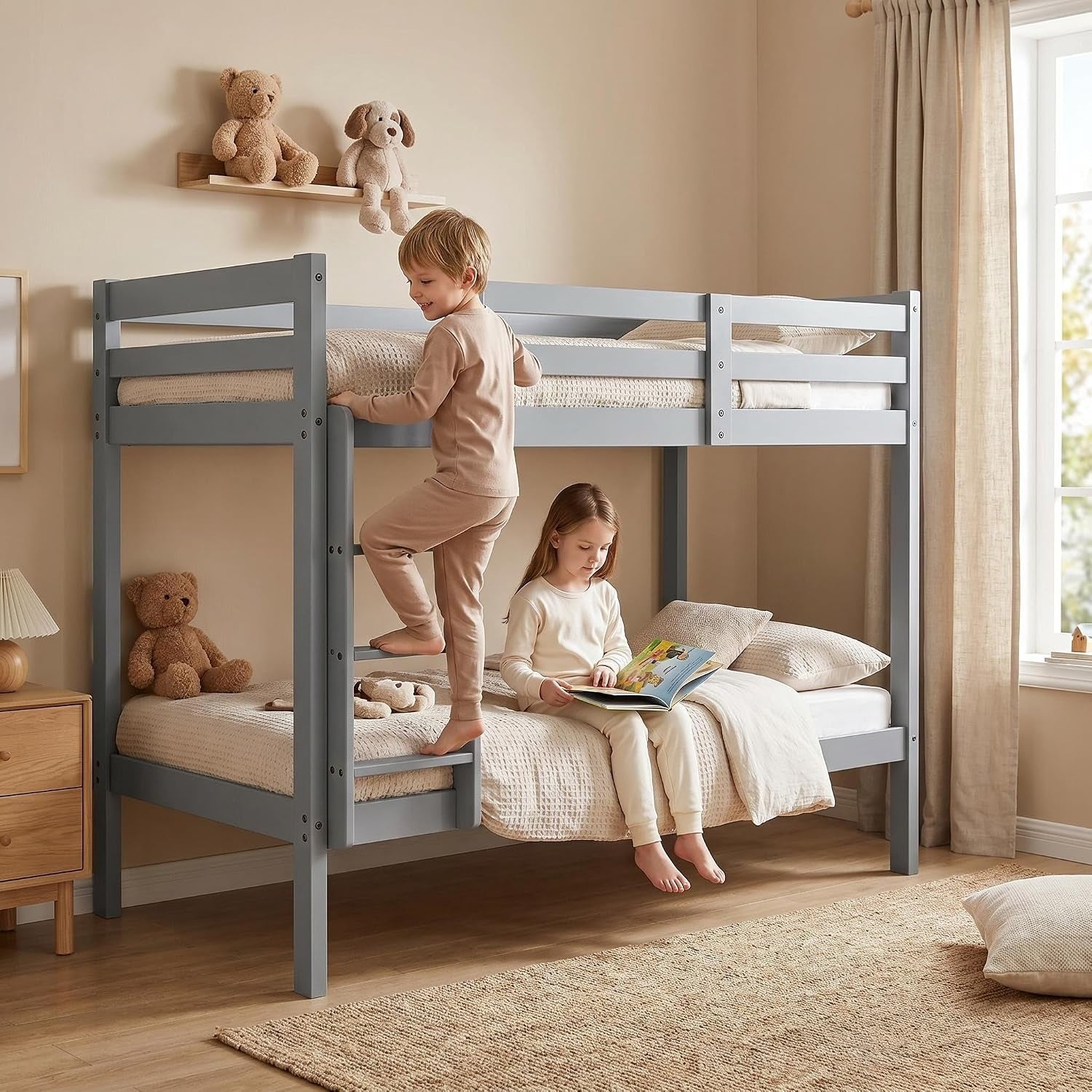 Bunk Bed 3FT Wooden Bunky Sleeper Bed Single Double Bed for Kids, Children (Grey, 3Ft Bunk Bed)