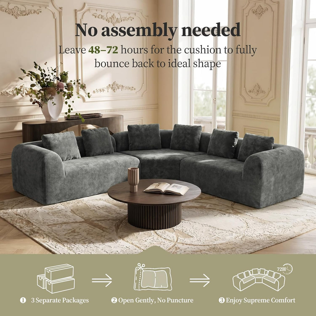 275Cm Curved Corner Sofa Grey, Chenille Boneless Cloud Sofa | Ergonomic, 72Cm Deep Seat, Durability, High-Density Foam, Pocket Springs, Supportive Comfort, Assembly-Free, Custom Layouts