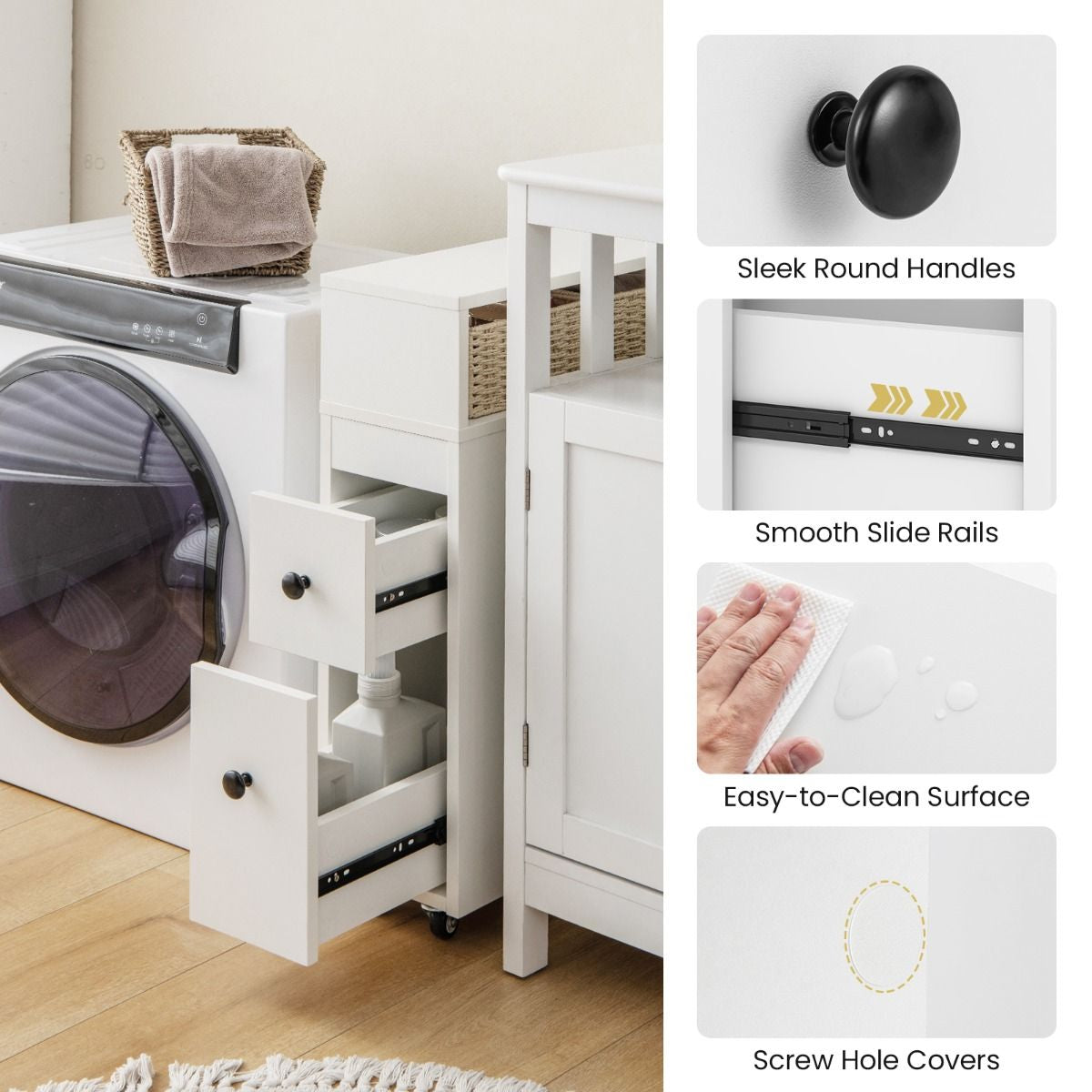 Slim Bathroom Storage Cabinet Movable with 2 Drawers and Baskets
