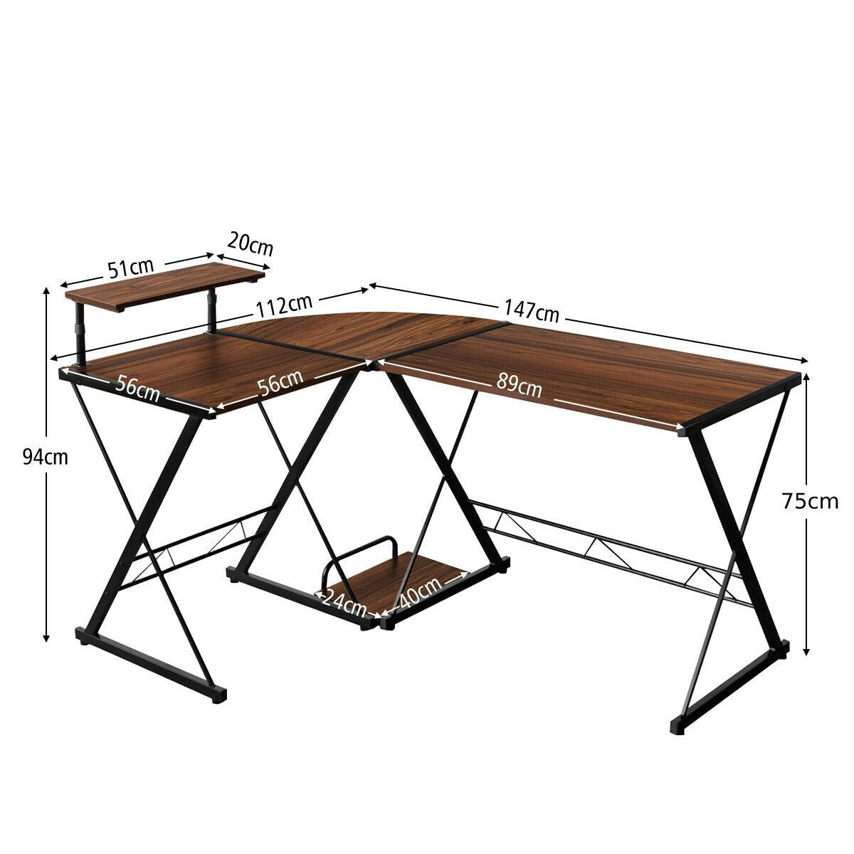 L-Shaped Corner Computer Desk with Monitor Stand and Host Tray