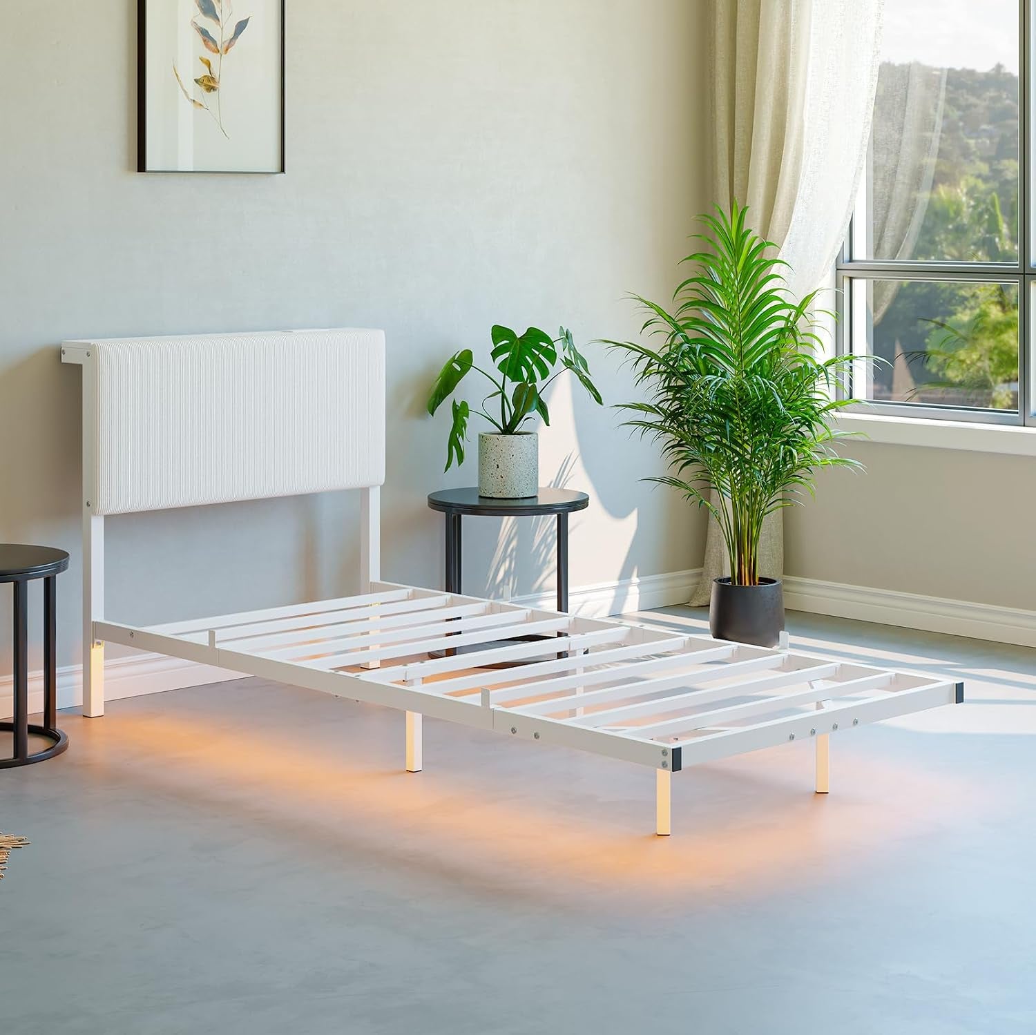 Floating Single Bed Frame with LED Light,90X200 Bed,White | 3Ft Single Bed Frame with Charging Station with Charging Station,Upholstered Bed Frames Single Size Bed with Storage