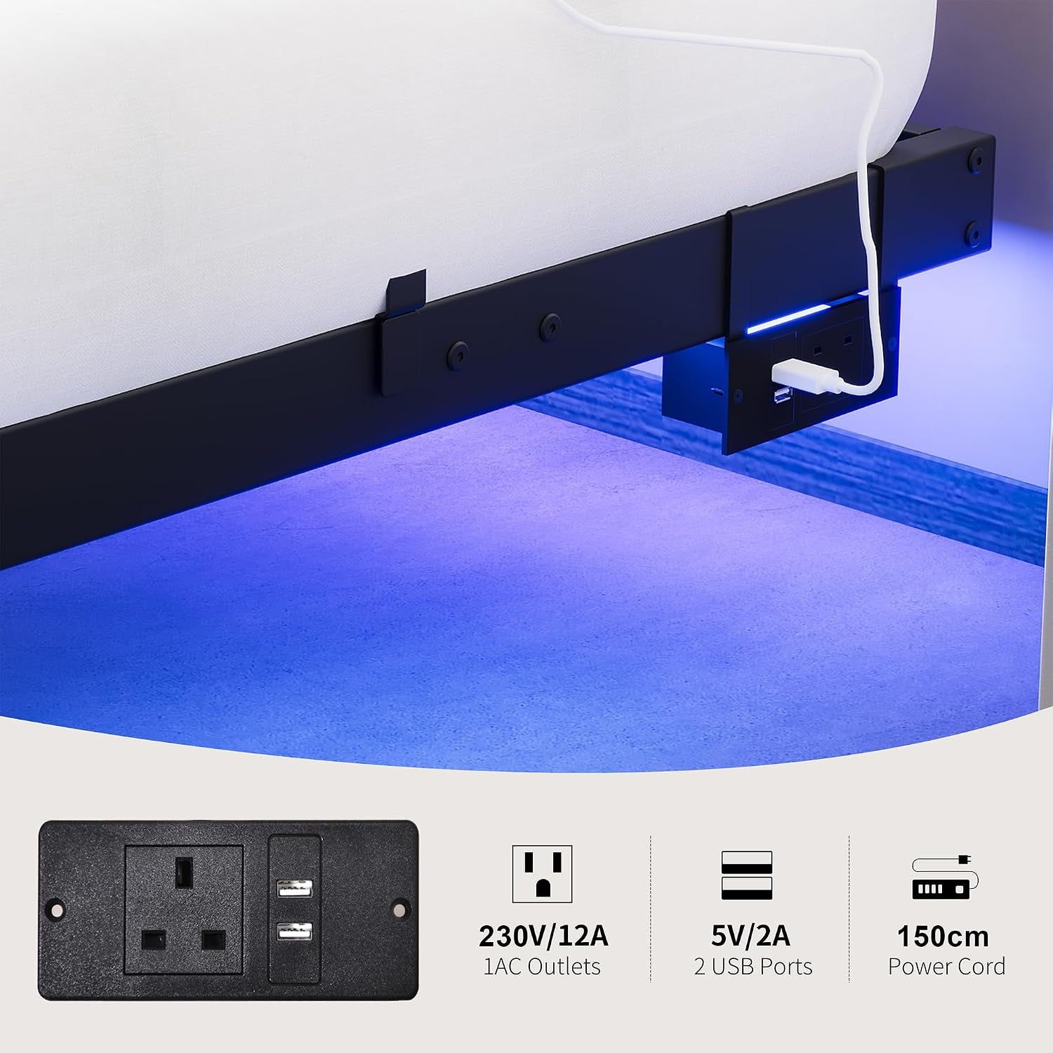 Double Bed Frame Floating Bed Frame with LED Lights,4Ft6 Metal Platform Bed Frame Double Size Bed Base with Charging Station,Reinforced Steel Slats/Under-Bed Storage/Noise Free/Black