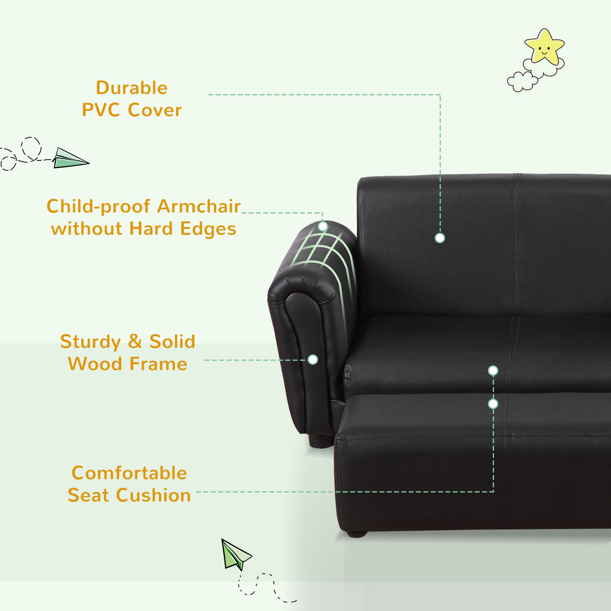 Kids Sofa Set, 2 Seater Children Armchair Furniture with Footrest
