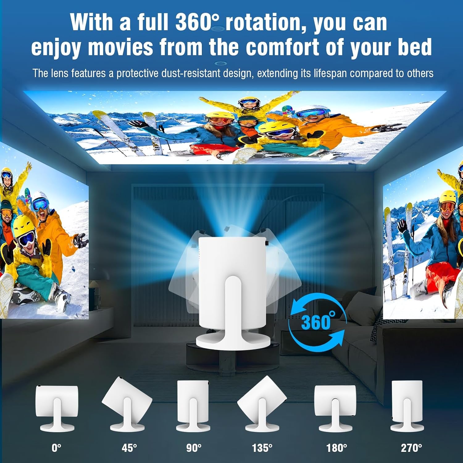 Ultimate 4K Mini Projector with 360° Rotation, Portable Smart Projector for Bedroom & Home Cinema, Wifi6, Bluetooth, Built-In Apps, Short Throw Projector & USB-C Power Bank Compatible