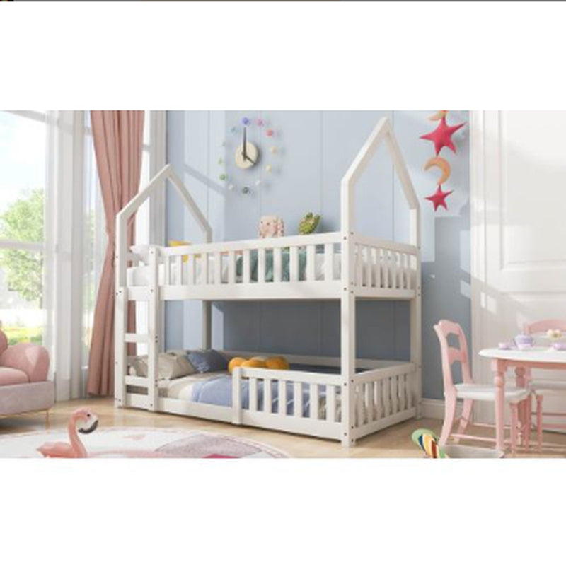 Bunk Bed, Twin Sleeper Bed with Ladder, Solid Wood Frame 3FT Single Bed, Gaming Bed, Castle-Shaped Bed 90 X 190 Cm Children'S Bed Room Furniture, Wooden Bed Frame for Kids Children White