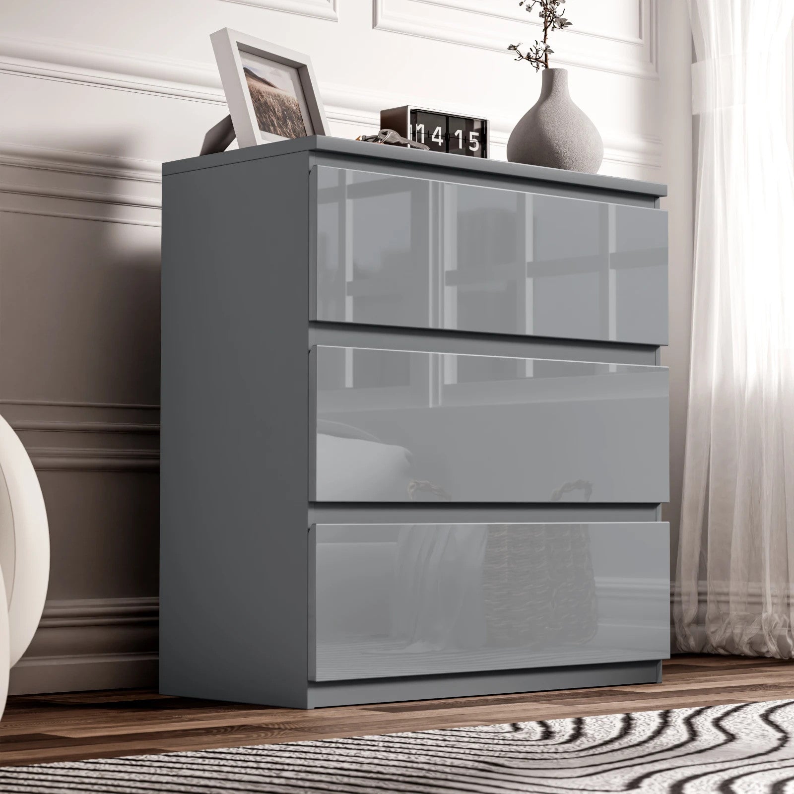 High Gloss Chest of Drawers Bedside Cabinet Tall Wide Storage Bedroom Furniture