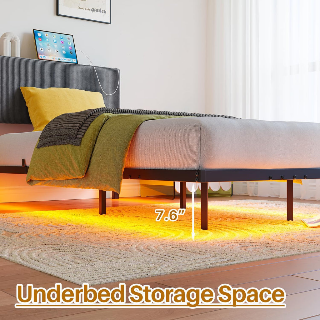 Single Bed Frame with LED Lights,90X190 Bed,Dark Grey | 3Ft Floating Bed Frame with Charging Station,Upholstered Bed Frames Single Size Bed with Storage