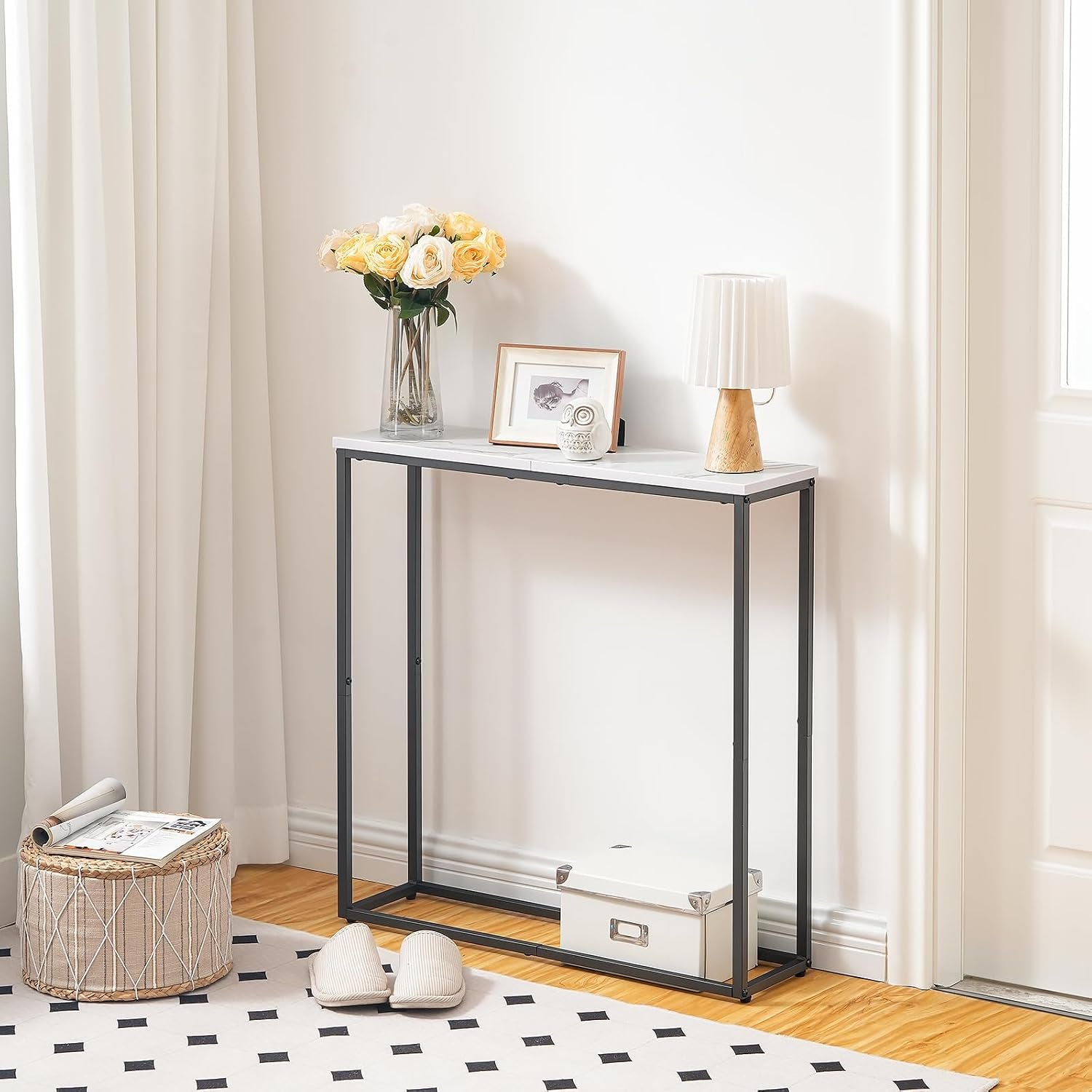 Console Table, Narrow Console Table for Hallway Slim, Hallway Table, Small Sofa Table for Small Spaces, Living Room, Entrance, Bedroom, Metal Frame, Marble, Black EBM76XG01