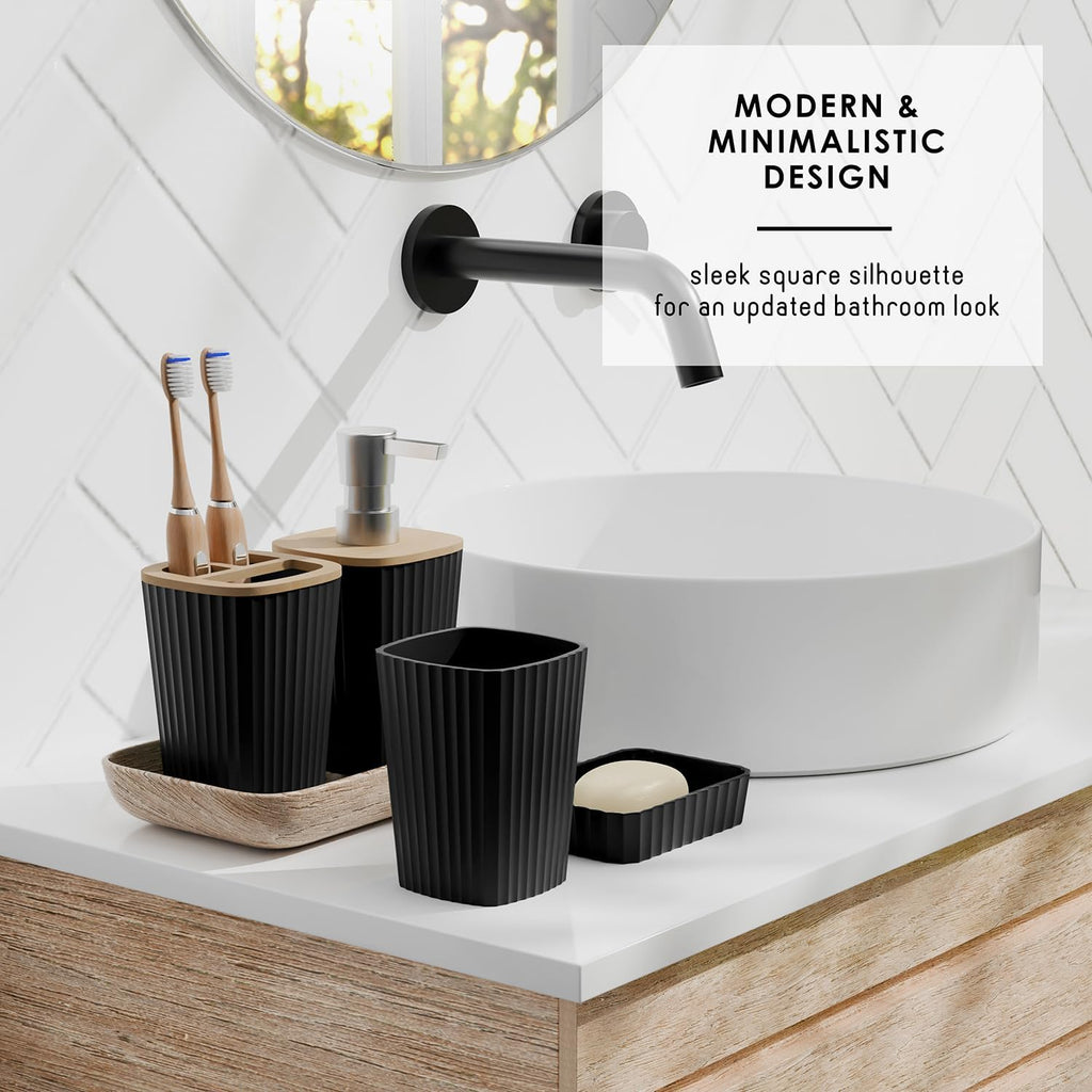 Bathroom Accessories Set - Bathroom Accessory Set with Shower Curtain Set, Toilet Brush, Trash Can & Soap Dispenser (Black, Complete Set)