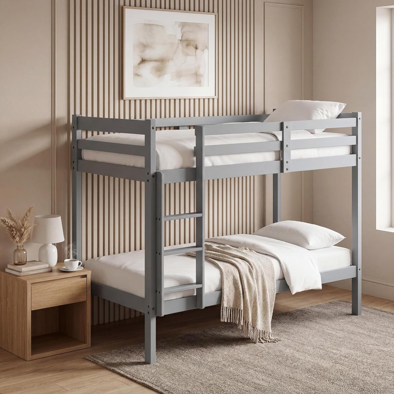 Bunk Bed 3FT Wooden Bunky Sleeper Bed Single Double Bed for Kids, Children (Grey, 3Ft Bunk Bed)