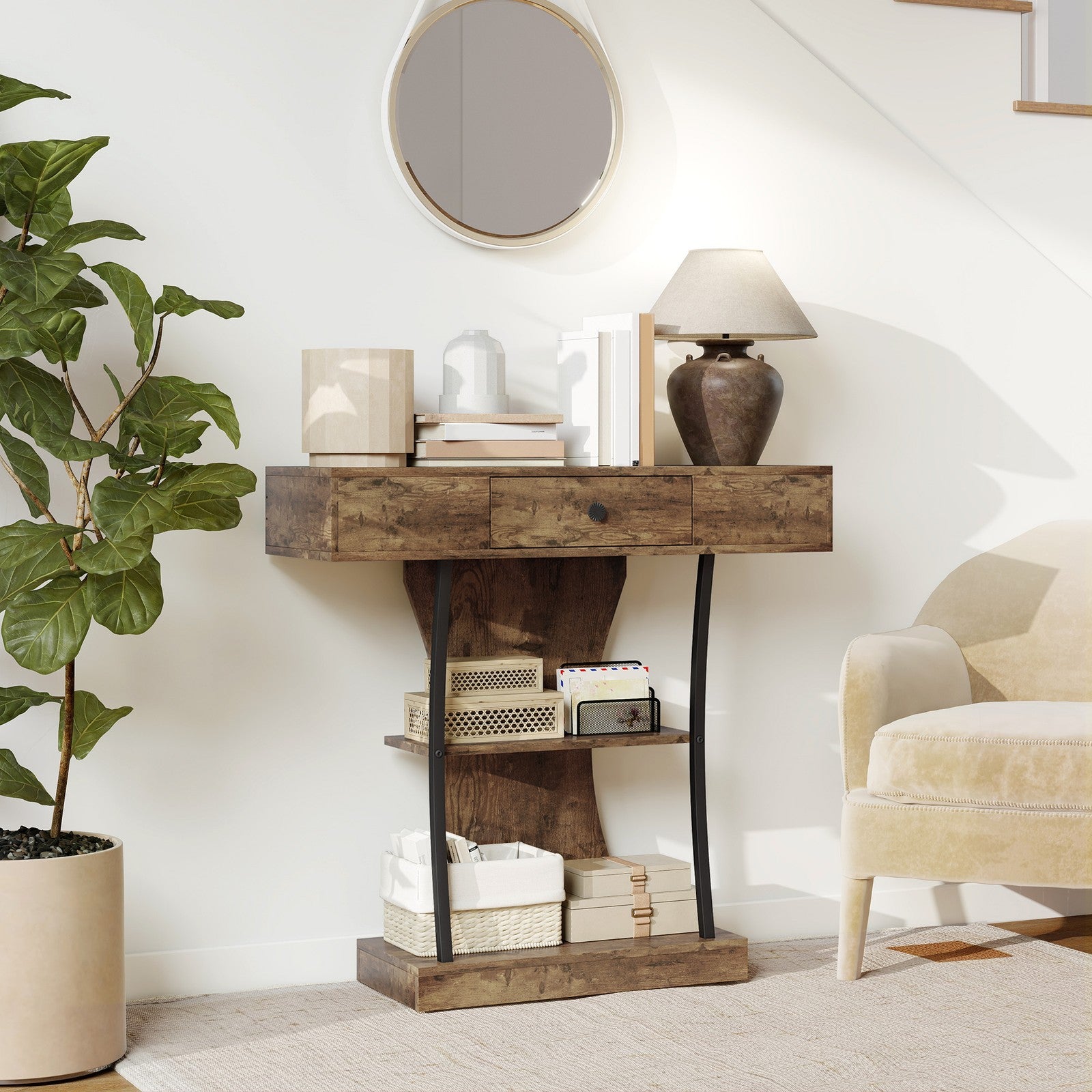 Console Table with Drawer, 3-Tier Industrial Hallway Table, Rustic Brown