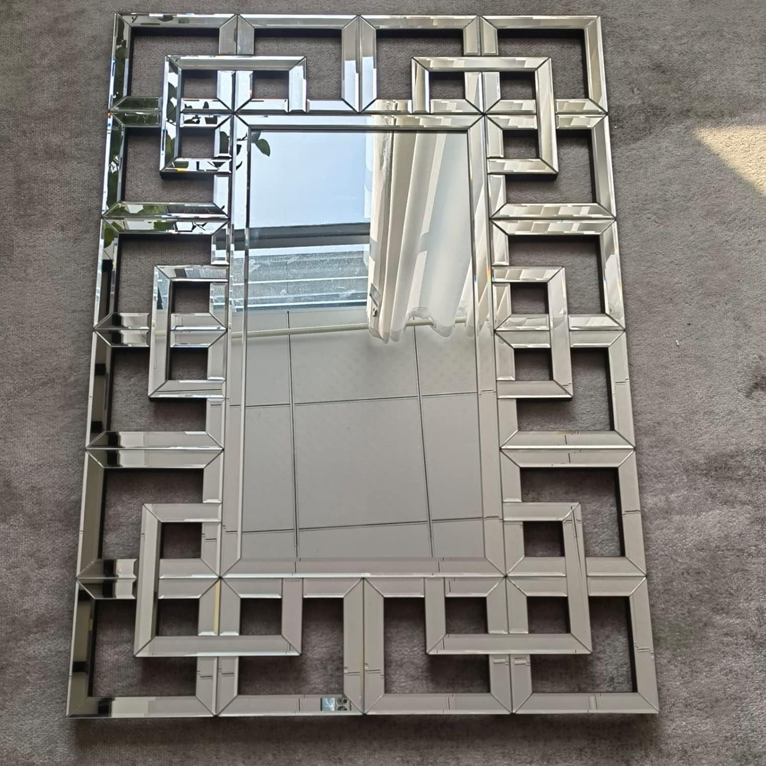 Decorative Mirror for Wall: 100X70 Cm Rectangular Large Silver Vanity with Beveled Glass Grecian Venetian Frame Edge Home Art Modern Accent Decor Bathroom Bedroom Living Room