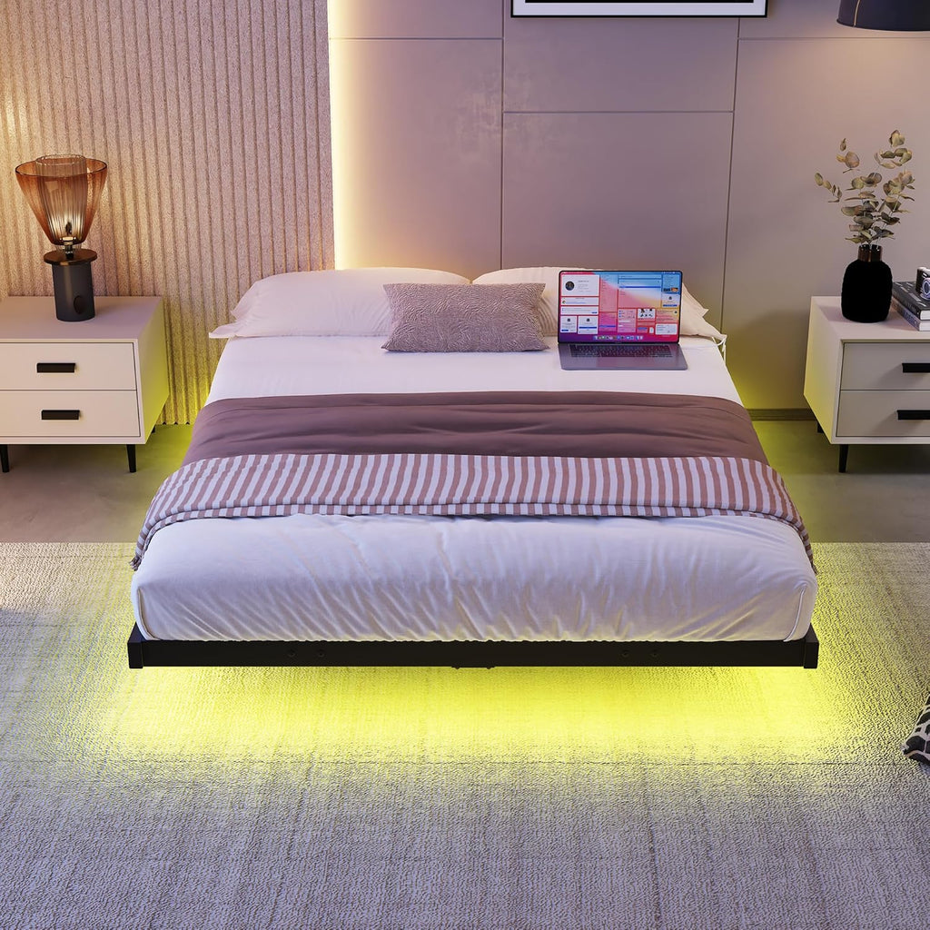 Double Bed Frame Floating Bed Frame with LED Lights,4Ft6 Metal Platform Bed Frame Double Size Bed Base with Charging Station,Reinforced Steel Slats/Under-Bed Storage/Noise Free/Black