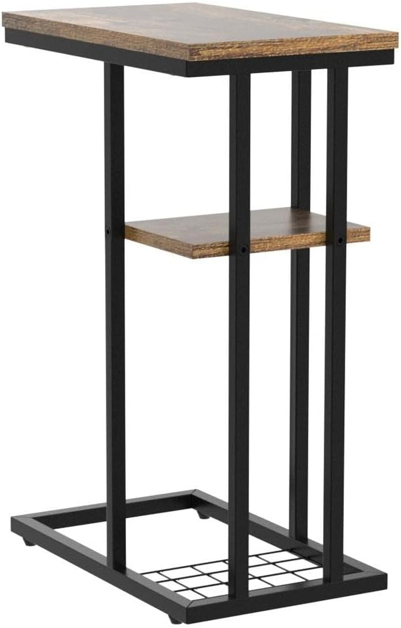 C-Shaped End Table Set of 2, Side Table for Sofa and Bed, Coffee Table for Small Spaces, Living Room, Bedroom, Industrial Small Table with Storage Shelf and Metal Frame, Rustic Brown, HST004H-2