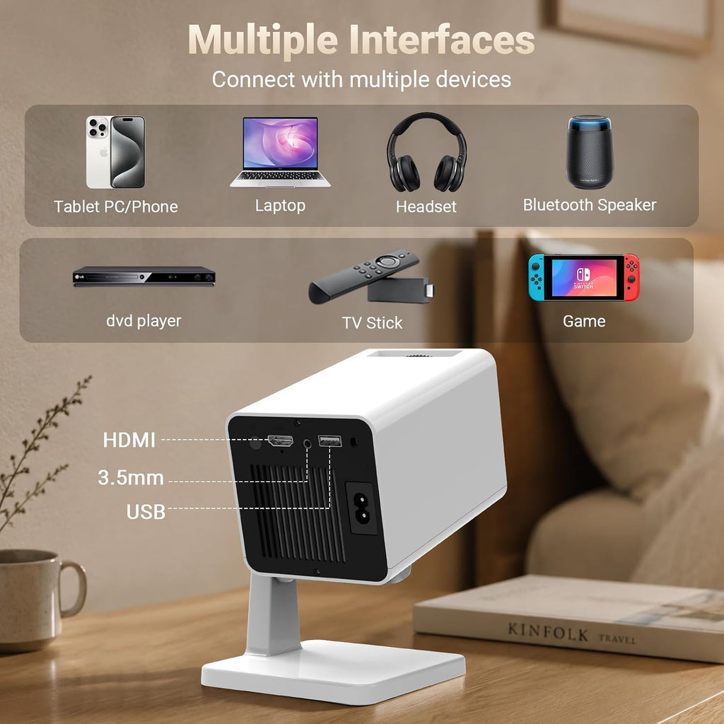 Mini Projector for Bedroom Ceiling, Smart Portable Projector with Android, Wifi & Bluetooth, 1080P Supported Home Cinema Projector for Movie Nights, Compatible with Iphone/Android