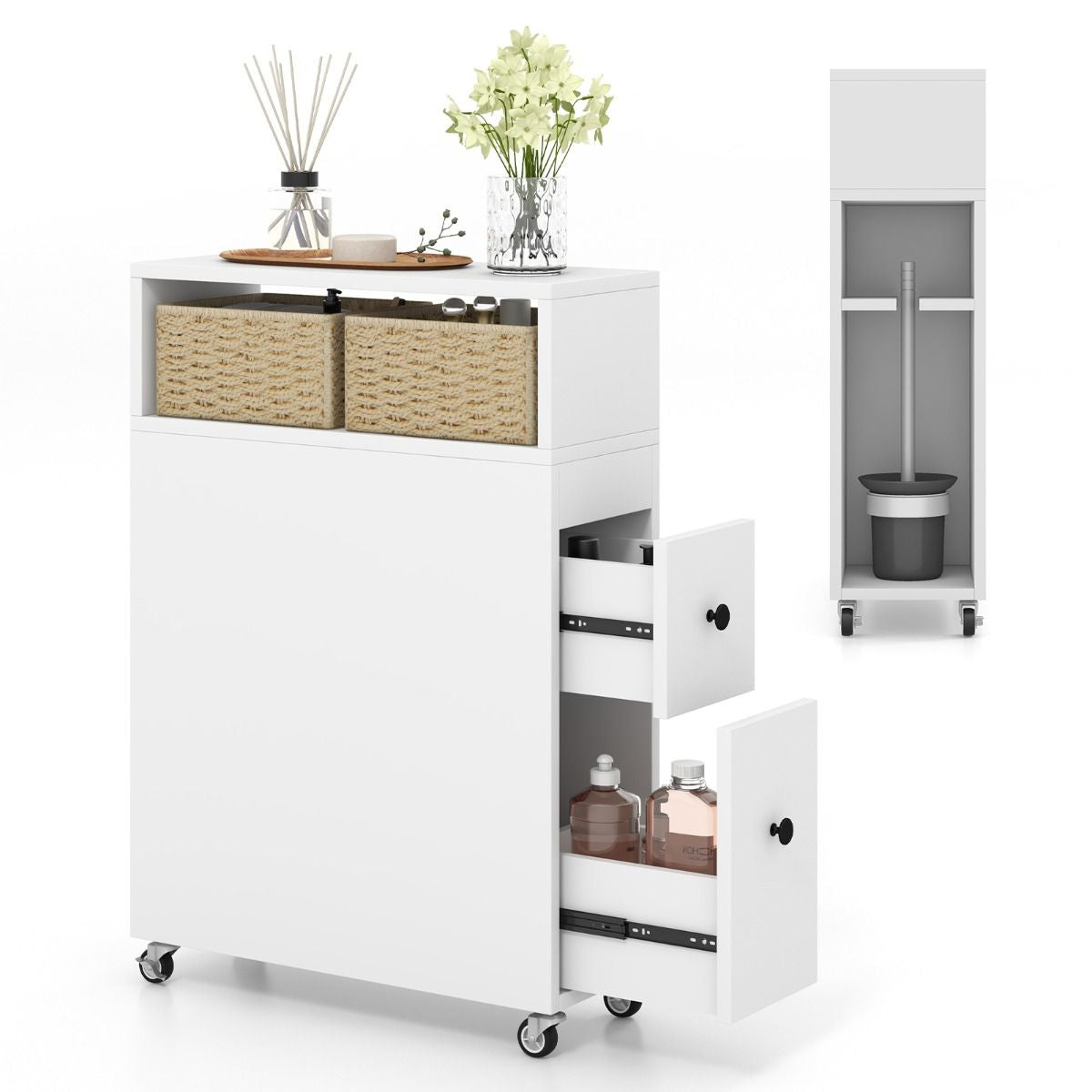 Slim Bathroom Storage Cabinet Movable with 2 Drawers and Baskets