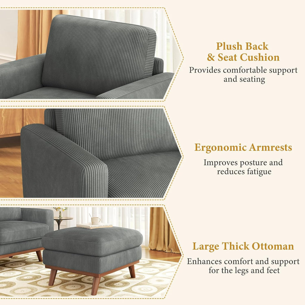 Accent Chair with Movable Ottoman, Comfy Corduroy Armchair with Spring Cushion, Reading Chair with Ottoman, Modern Single Sofa for Living Room, Bedroom and Apartment, Dark Grey