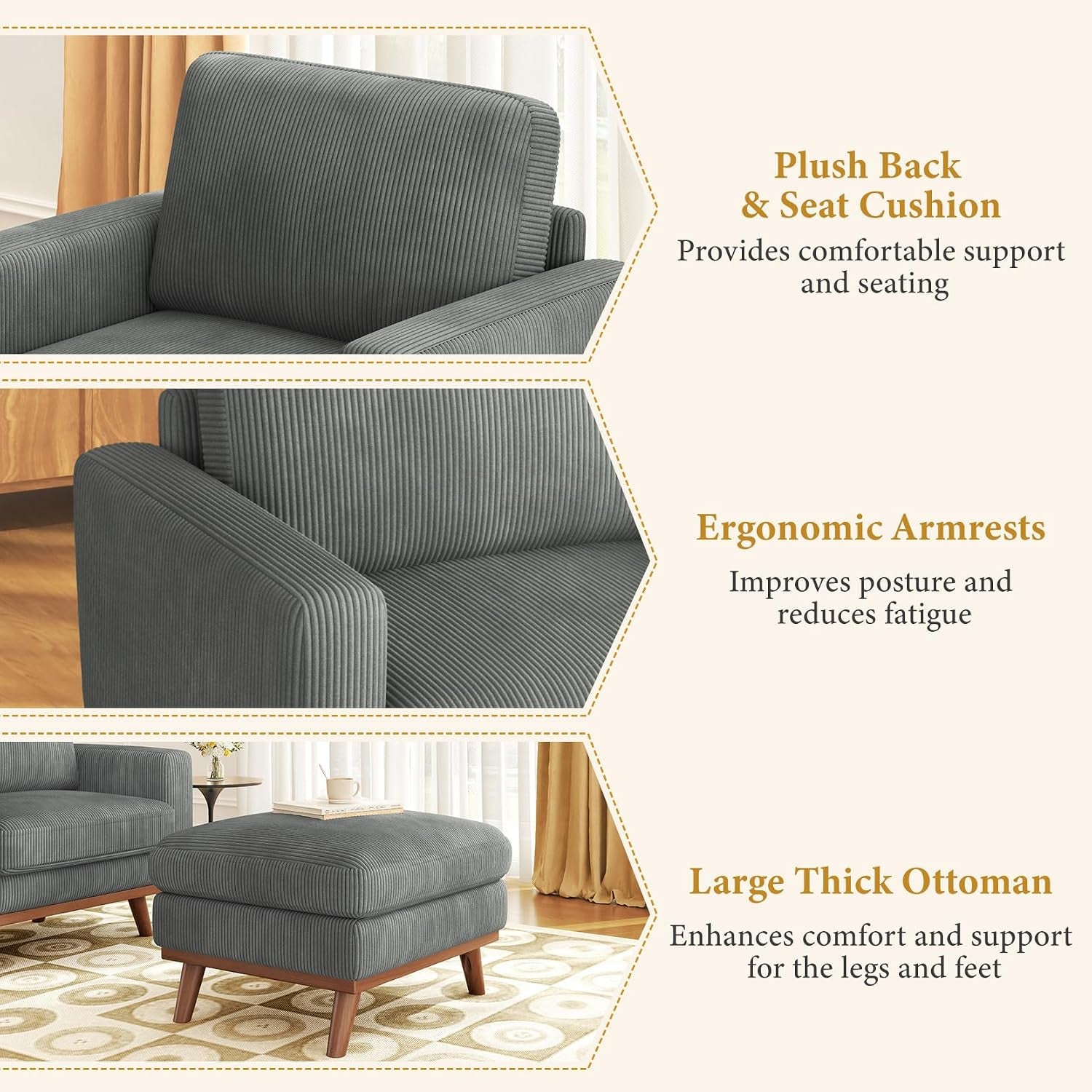 Accent Chair with Movable Ottoman, Comfy Corduroy Armchair with Spring Cushion, Reading Chair with Ottoman, Modern Single Sofa for Living Room, Bedroom and Apartment, Dark Grey