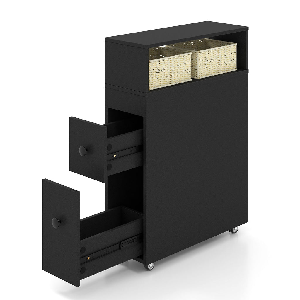 Slim Bathroom Storage Cabinet Movable with 2 Drawers and Baskets