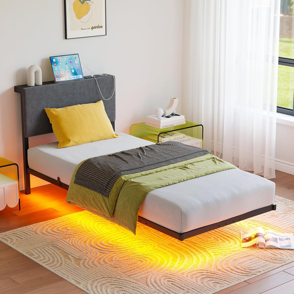 Single Bed Frame with LED Lights,90X190 Bed,Dark Grey | 3Ft Floating Bed Frame with Charging Station,Upholstered Bed Frames Single Size Bed with Storage