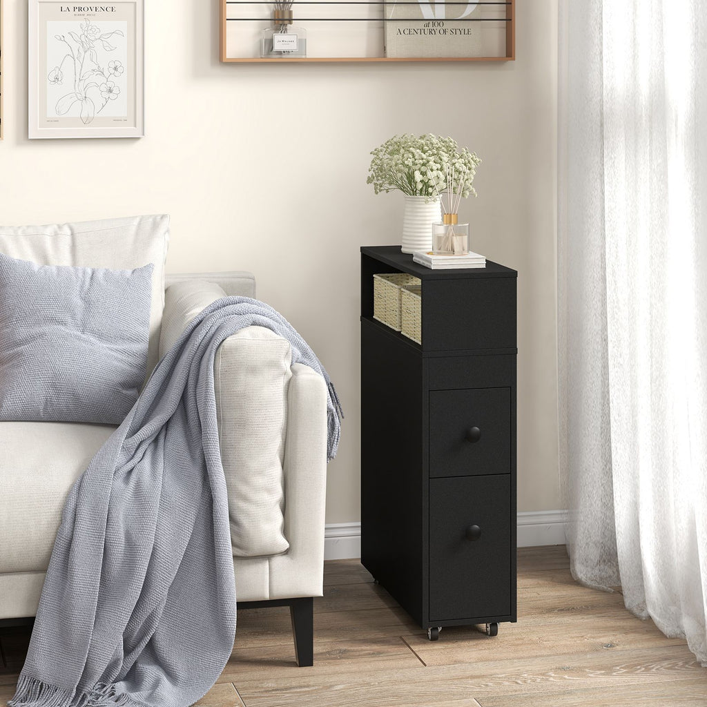 Slim Bathroom Storage Cabinet Movable with 2 Drawers and Baskets