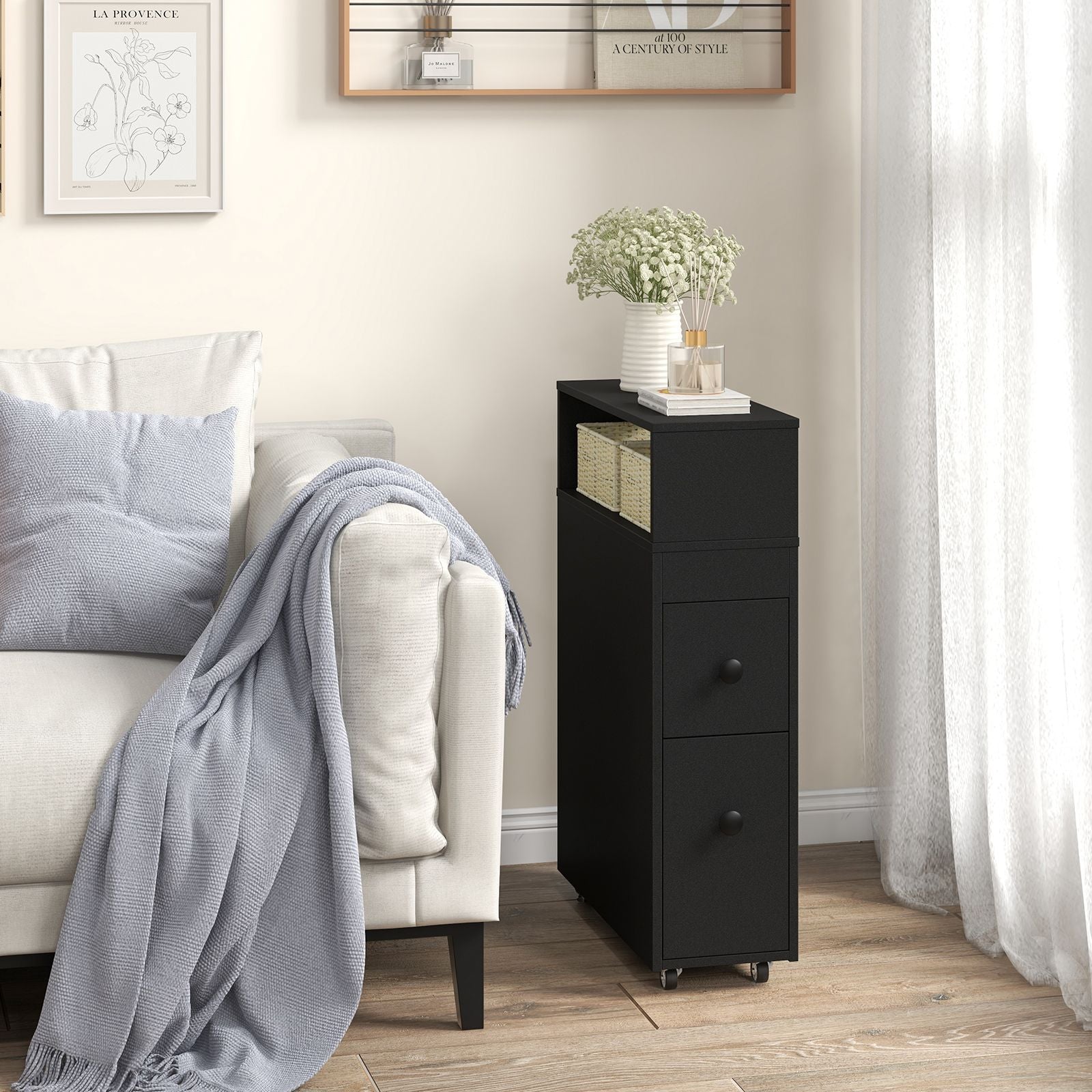 Slim Bathroom Storage Cabinet Movable with 2 Drawers and Baskets