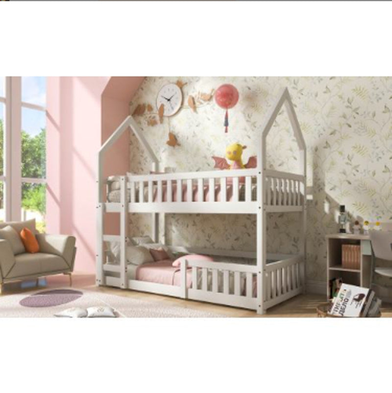 Bunk Bed, Twin Sleeper Bed with Ladder, Solid Wood Frame 3FT Single Bed, Gaming Bed, Castle-Shaped Bed 90 X 190 Cm Children'S Bed Room Furniture, Wooden Bed Frame for Kids Children White
