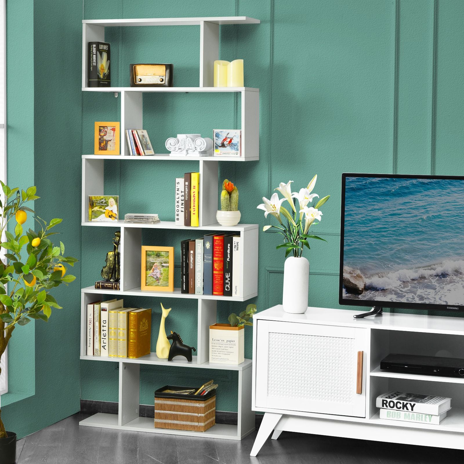 6-Tier S-Shaped Wooden Industrial Bookshelf