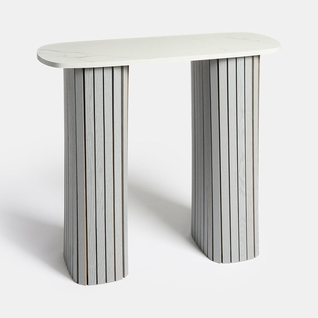 Wooden Console Hallway Table, White Marble Top Slim Console Table Grey Madison Ribbed Wood Frame Decorative Display Table for Living Room Entryway Small Spaces