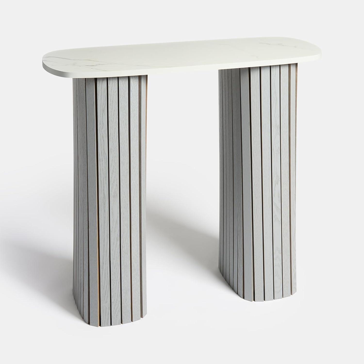Wooden Console Hallway Table, White Marble Top Slim Console Table Grey Madison Ribbed Wood Frame Decorative Display Table for Living Room Entryway Small Spaces