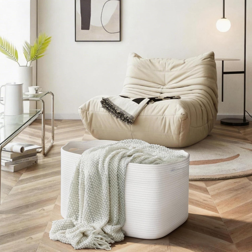 Extra Large White Storage Basket, " Rectangle, Woven Cotton Rope, Toy Bins, XXXL Organizing Baskets, Wicker Laundry