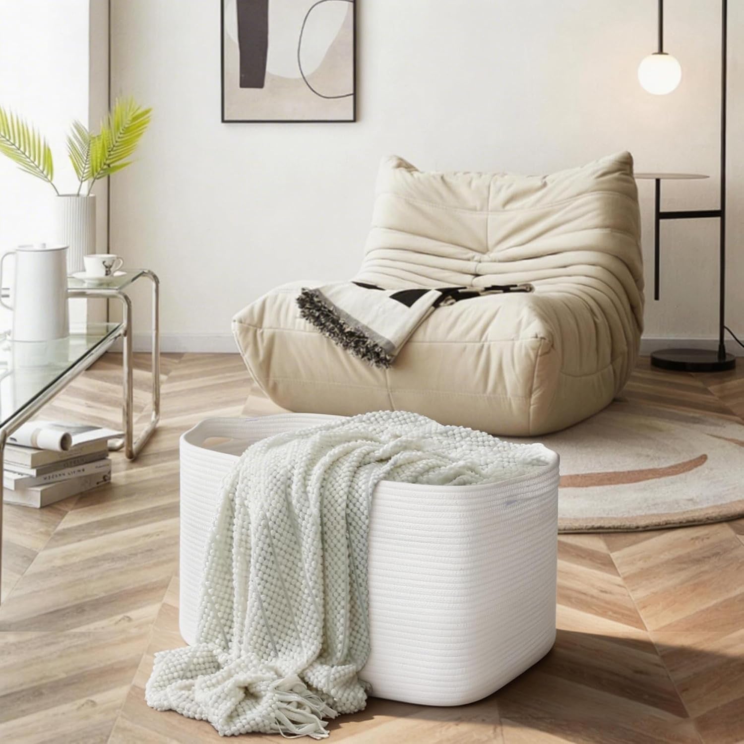 Extra Large White Storage Basket, " Rectangle, Woven Cotton Rope, Toy Bins, XXXL Organizing Baskets, Wicker Laundry