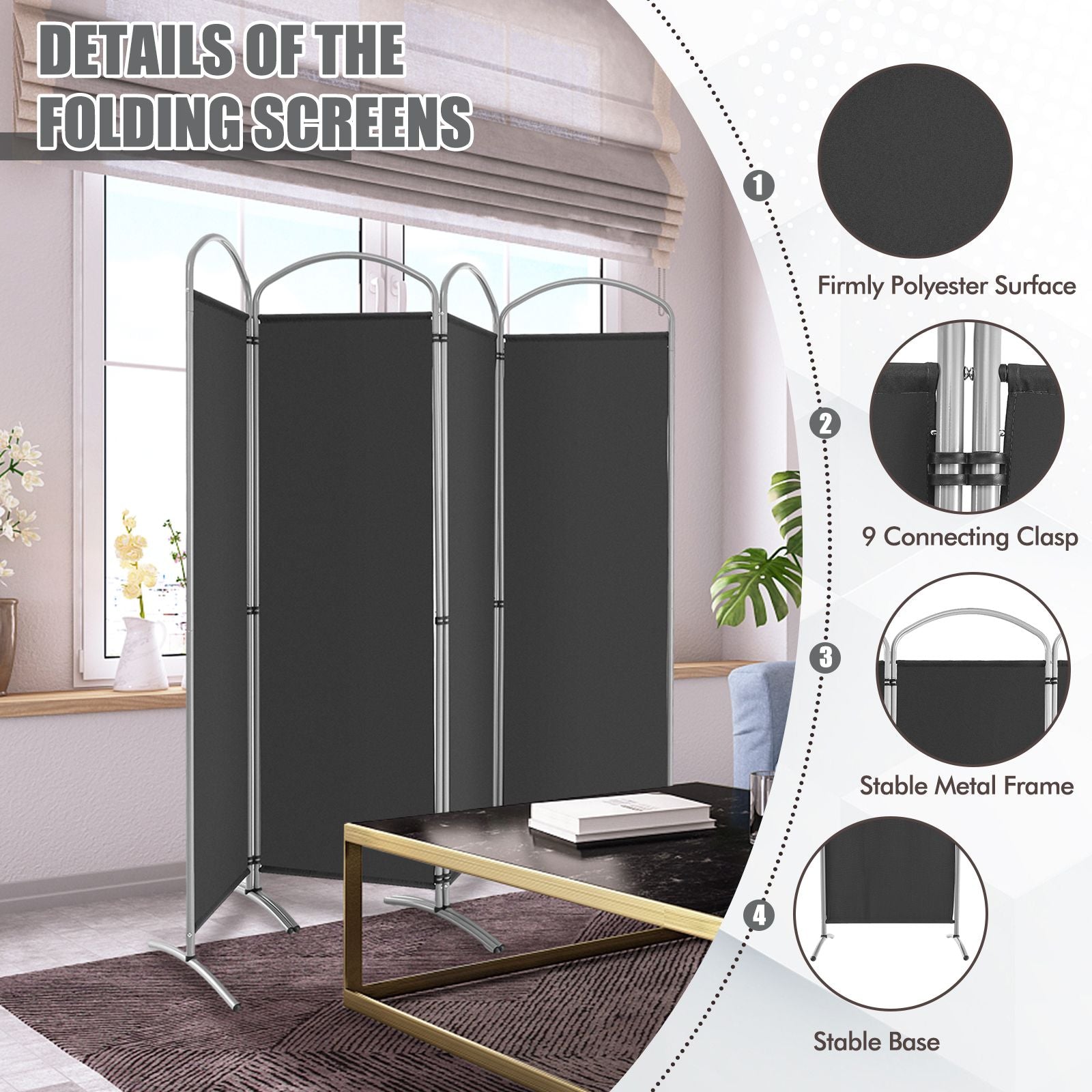 4 Panel Freestanding Folding Room Divider for Living Room Office