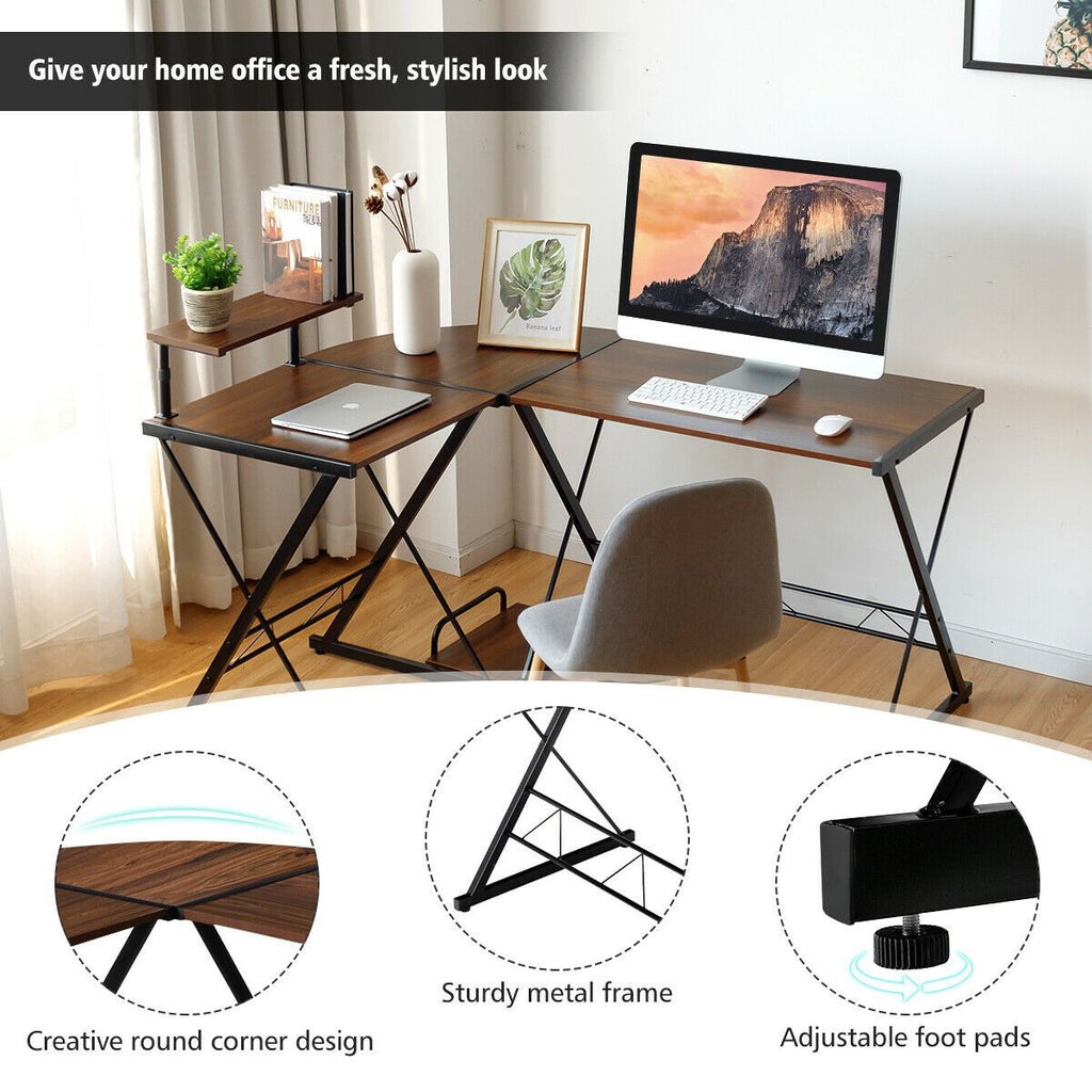 L-Shaped Corner Computer Desk with Monitor Stand and Host Tray