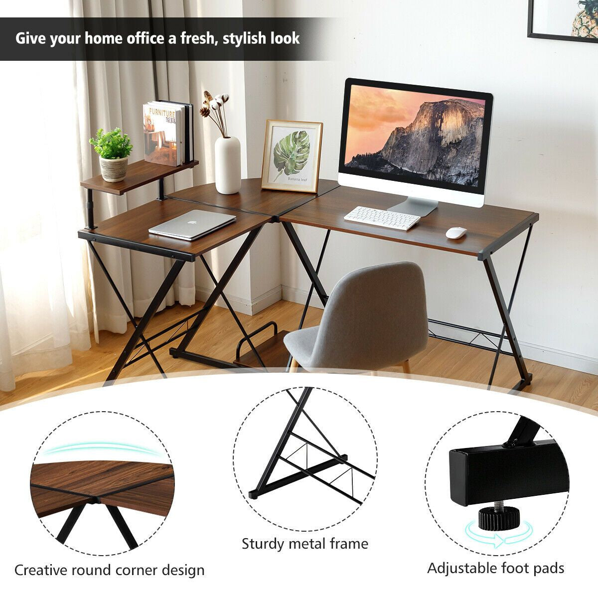 L-Shaped Corner Computer Desk with Monitor Stand and Host Tray