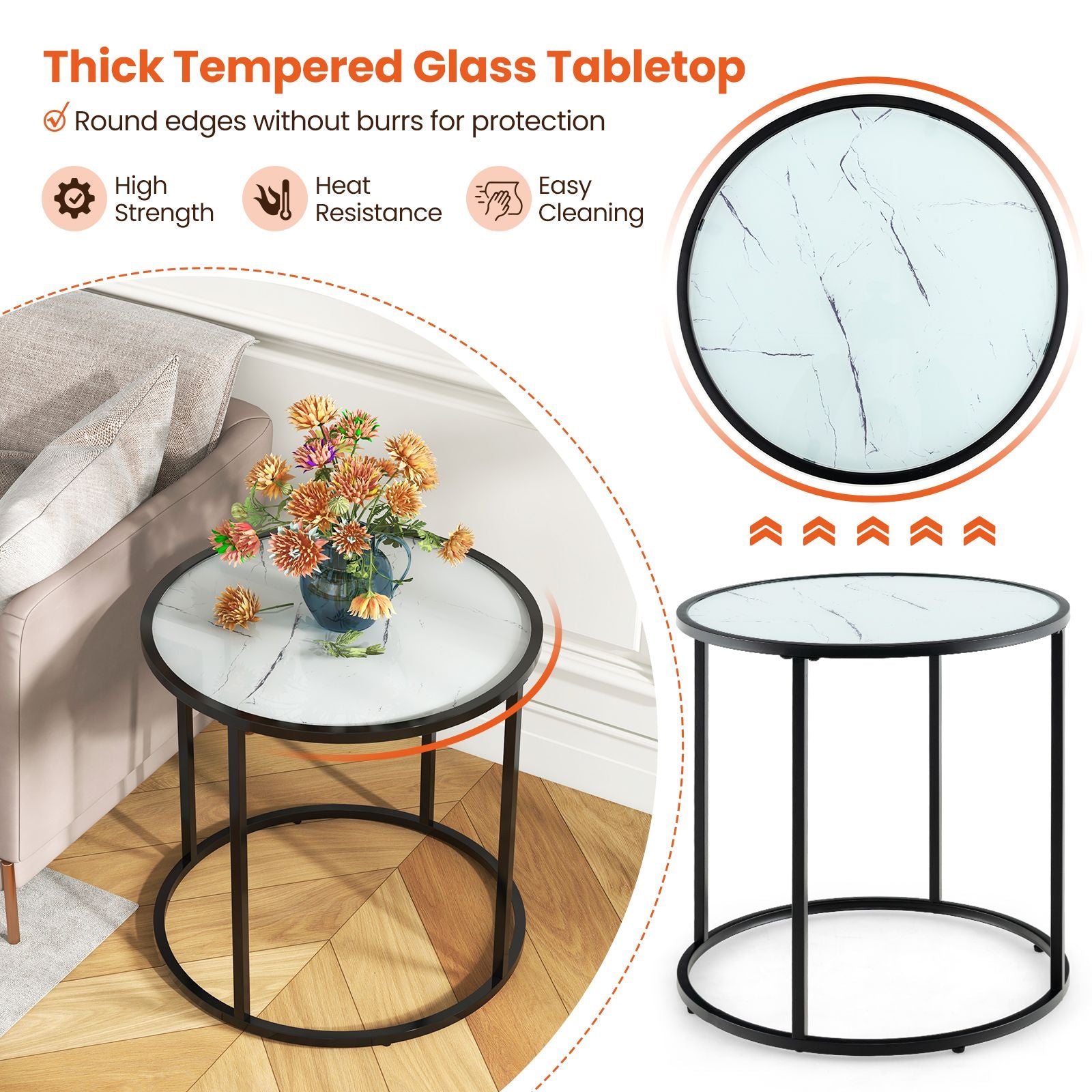 50CM round Side Table with Metal Frame and Faux Marble Glass Top
