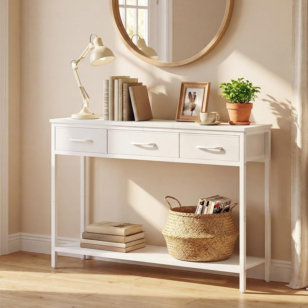 Console Table with 3 Fabric Drawers, Narrow Console Table with Open Shelf, 97 Cm L Slim Entryway Table, Couch Table, for Hallway, Living Room, Bedroom, White ACTWT3301