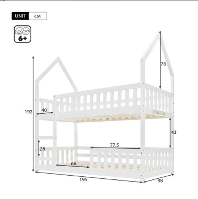 Bunk Bed, Twin Sleeper Bed with Ladder, Solid Wood Frame 3FT Single Bed, Gaming Bed, Castle-Shaped Bed 90 X 190 Cm Children'S Bed Room Furniture, Wooden Bed Frame for Kids Children White