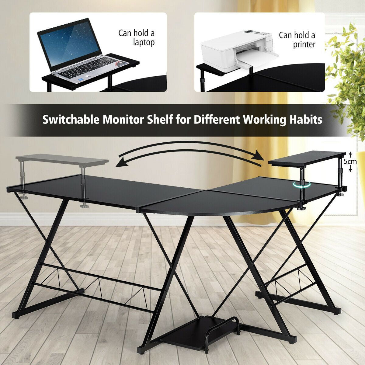 L-Shaped Corner Computer Desk with Monitor Stand and Host Tray